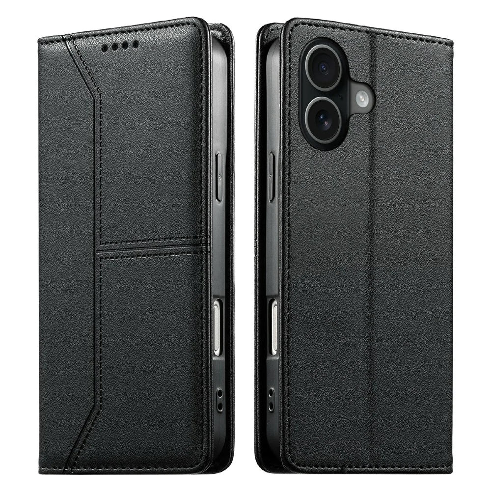 For iPhone 17 Wallet Stand Case Line Splicing TPU PU Leather Phone Cover - Black - 1