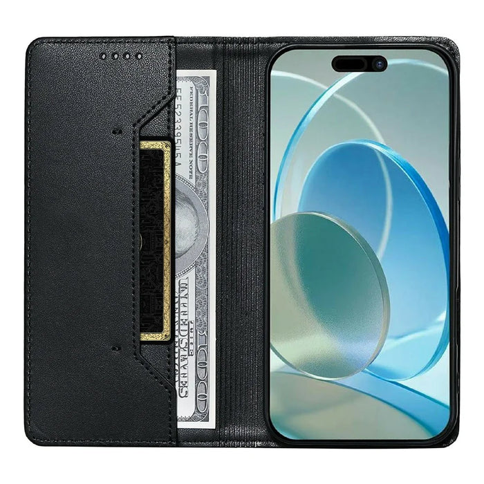 For iPhone 17 Wallet Stand Case Line Splicing TPU PU Leather Phone Cover - Black - 2