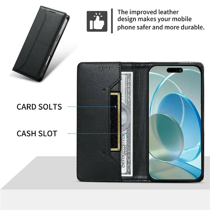 For iPhone 17 Wallet Stand Case Line Splicing TPU PU Leather Phone Cover - Black - 6