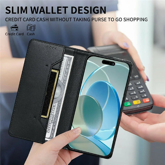 For iPhone 17 Wallet Stand Case Line Splicing TPU PU Leather Phone Cover - Black - 7