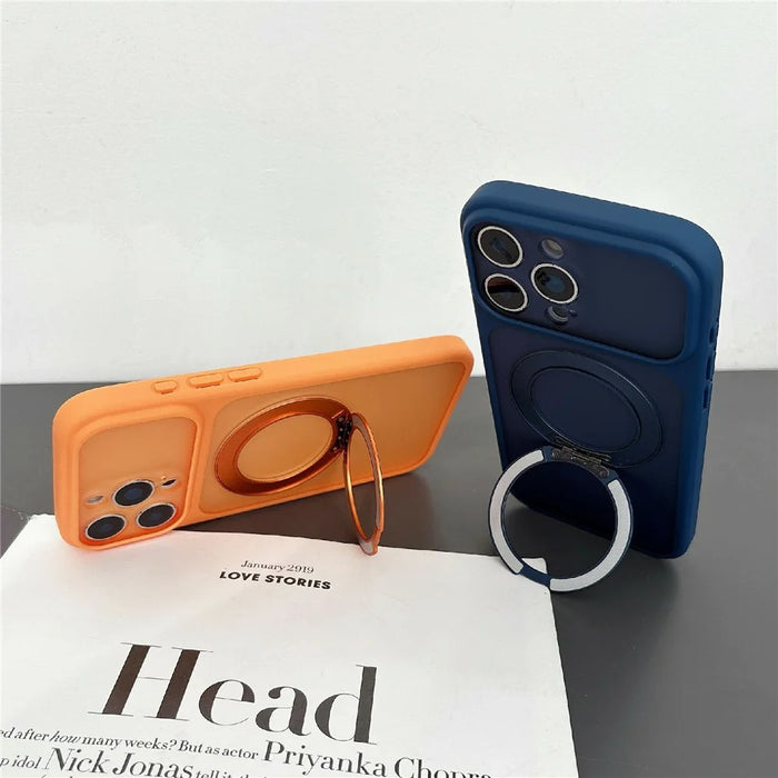 For iPhone 17 Pro Magnetic Case Rotating Kickstand TPU + PC Protective Phone Cover Compatible with MagSafe - Orange - 2