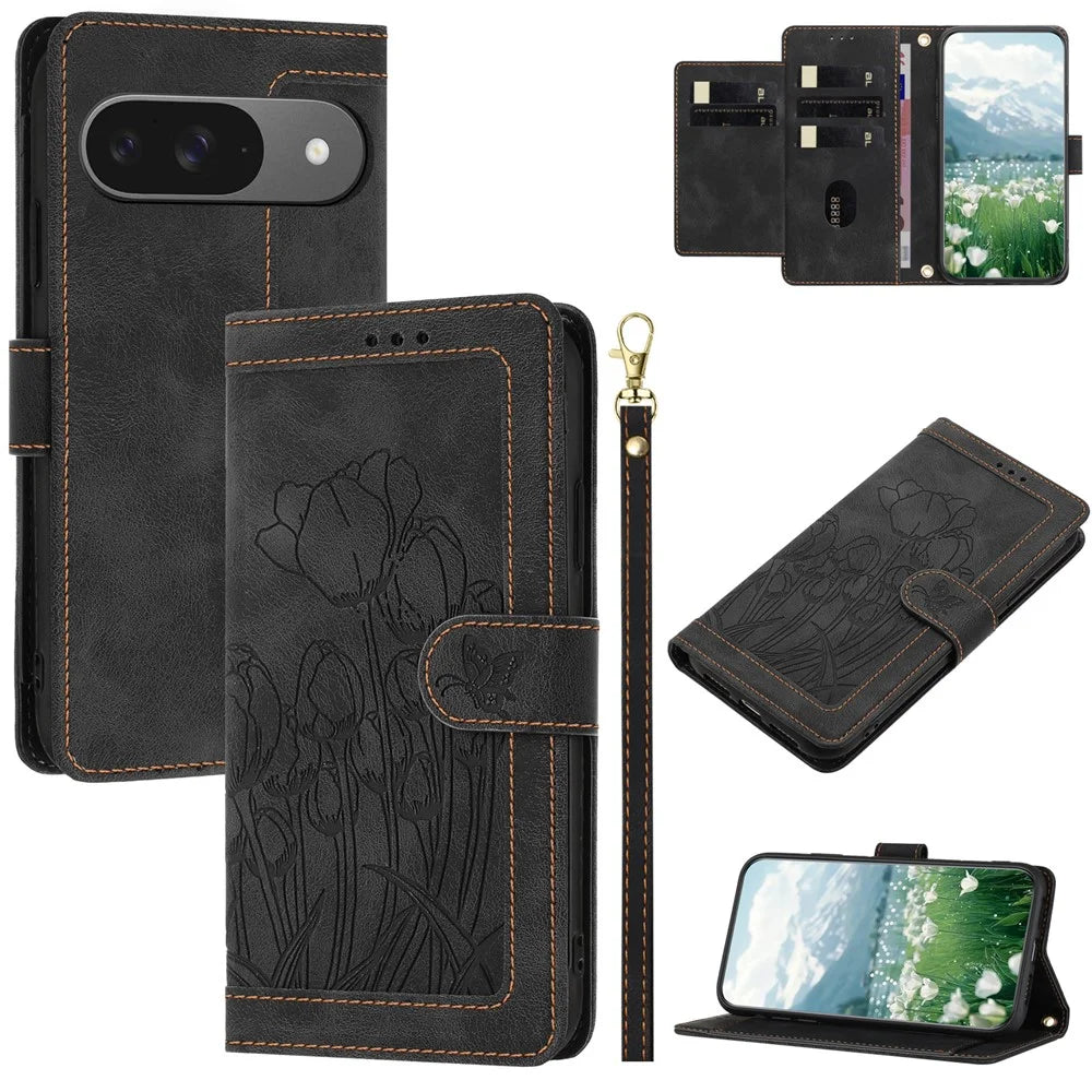 For Google Pixel 10 / 10 Pro Wallet Case with 5 Card Slot  /  Wrist Strap, Tulip Pattern Imprint Leather Phone Cover - Black - 1