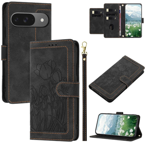 For Google Pixel 10 / 10 Pro Wallet Case with 5 Card Slot  /  Wrist Strap, Tulip Pattern Imprint Leather Phone Cover - Black - 1