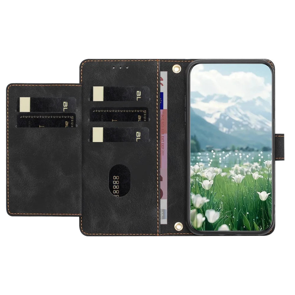 For Google Pixel 10 / 10 Pro Wallet Case with 5 Card Slot  /  Wrist Strap, Tulip Pattern Imprint Leather Phone Cover - Black - 2