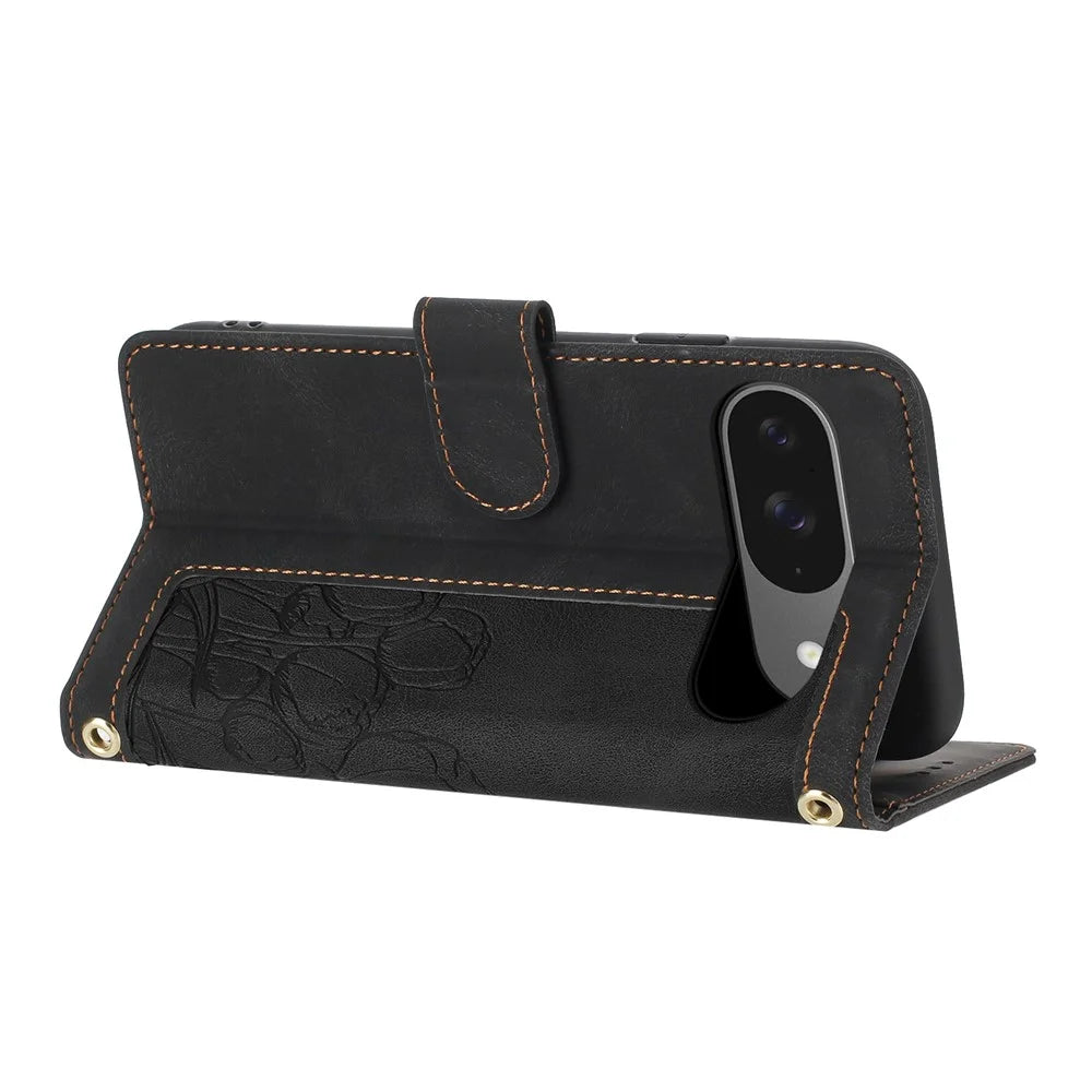For Google Pixel 10 / 10 Pro Wallet Case with 5 Card Slot  /  Wrist Strap, Tulip Pattern Imprint Leather Phone Cover - Black - 3