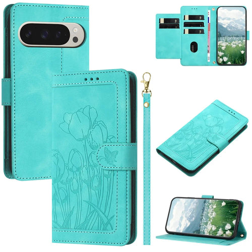 For Google Pixel 10 Pro XL Wallet Case with 5 Card Slot  /  Wrist Strap, Tulip Pattern Imprint Leather Phone Cover - Green - 1