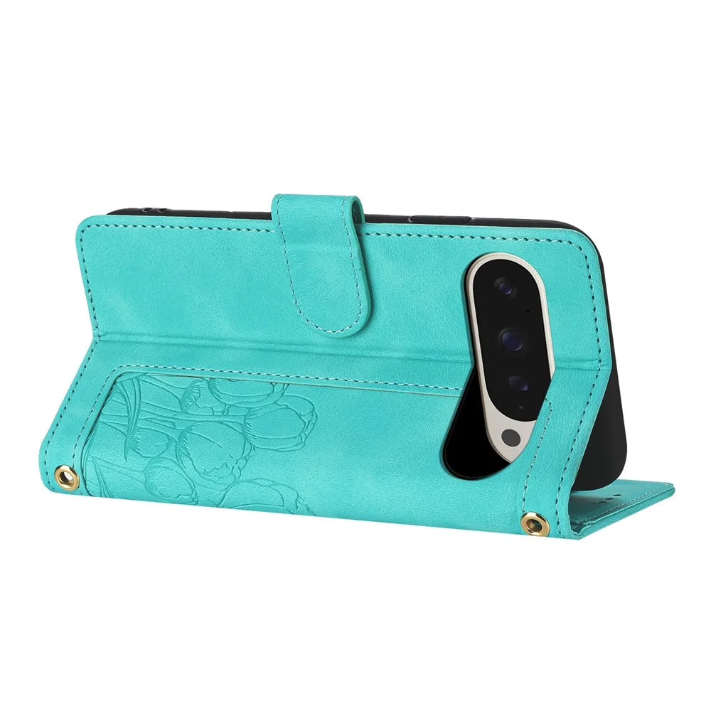 For Google Pixel 10 Pro XL Wallet Case with 5 Card Slot  /  Wrist Strap, Tulip Pattern Imprint Leather Phone Cover - Green - 3