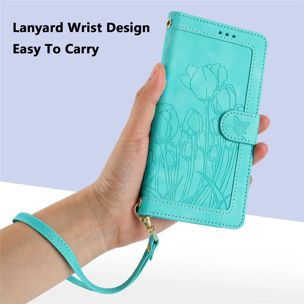 For Google Pixel 10 Pro XL Wallet Case with 5 Card Slot  /  Wrist Strap, Tulip Pattern Imprint Leather Phone Cover - Green - 5