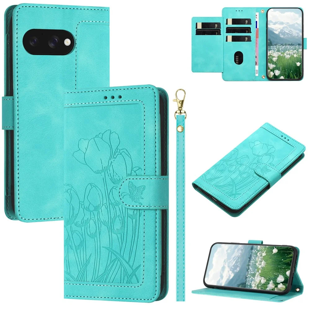 For Google Pixel 10a Wallet Case with 5 Card Slot  /  Wrist Strap, Tulip Pattern Imprint Leather Phone Cover - Green - 1