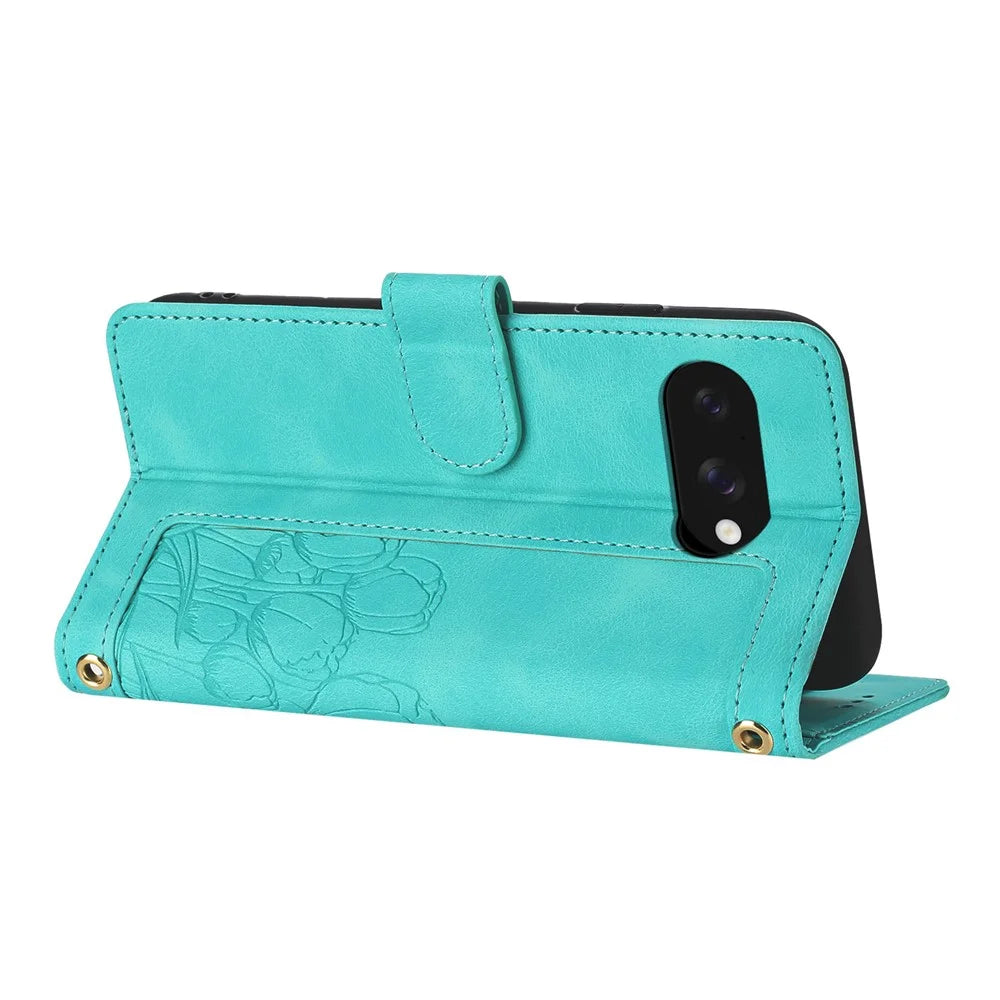 For Google Pixel 10a Wallet Case with 5 Card Slot  /  Wrist Strap, Tulip Pattern Imprint Leather Phone Cover - Green - 3