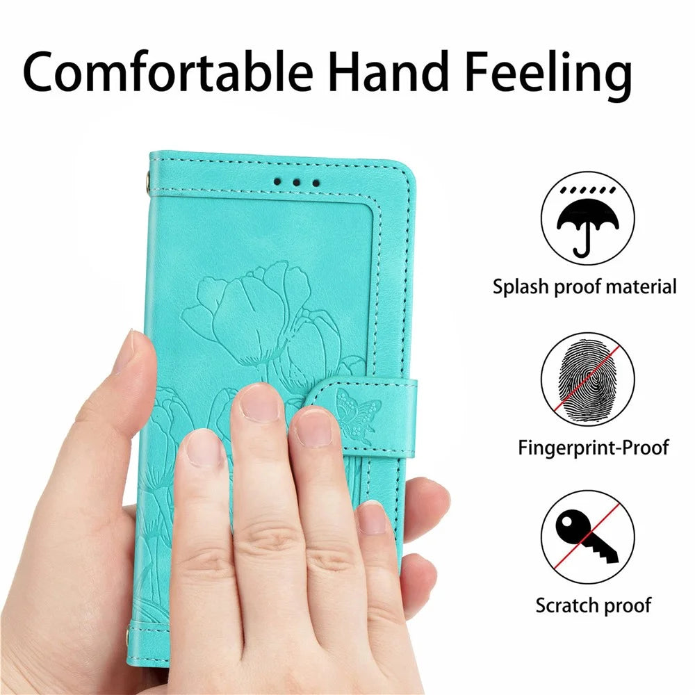 For Google Pixel 10a Wallet Case with 5 Card Slot  /  Wrist Strap, Tulip Pattern Imprint Leather Phone Cover - Green - 7