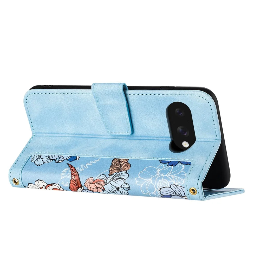 For Google Pixel 10a Case PU Leather Floral Phone Cover with Card Slots - Baby Blue - 2