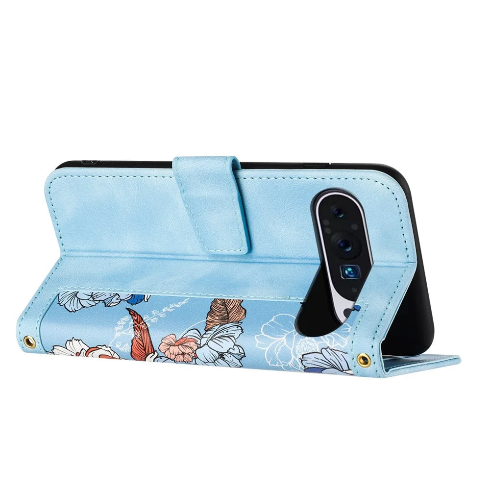 For Google Pixel 10 Pro XL Case PU Leather Floral Phone Cover with Card Slots - Baby Blue - 2