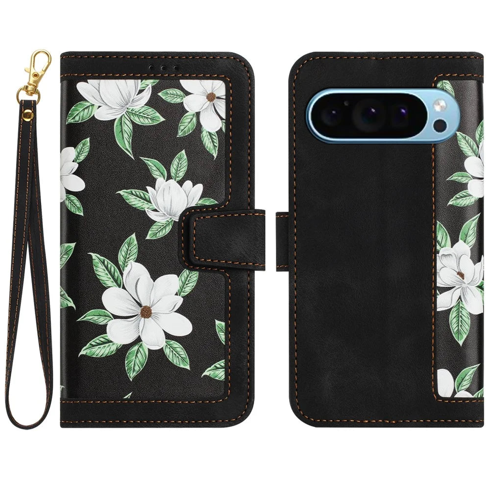 For Google Pixel 10  /  10 Pro Case PU Leather Floral Phone Cover with Card Slots - Black - 1