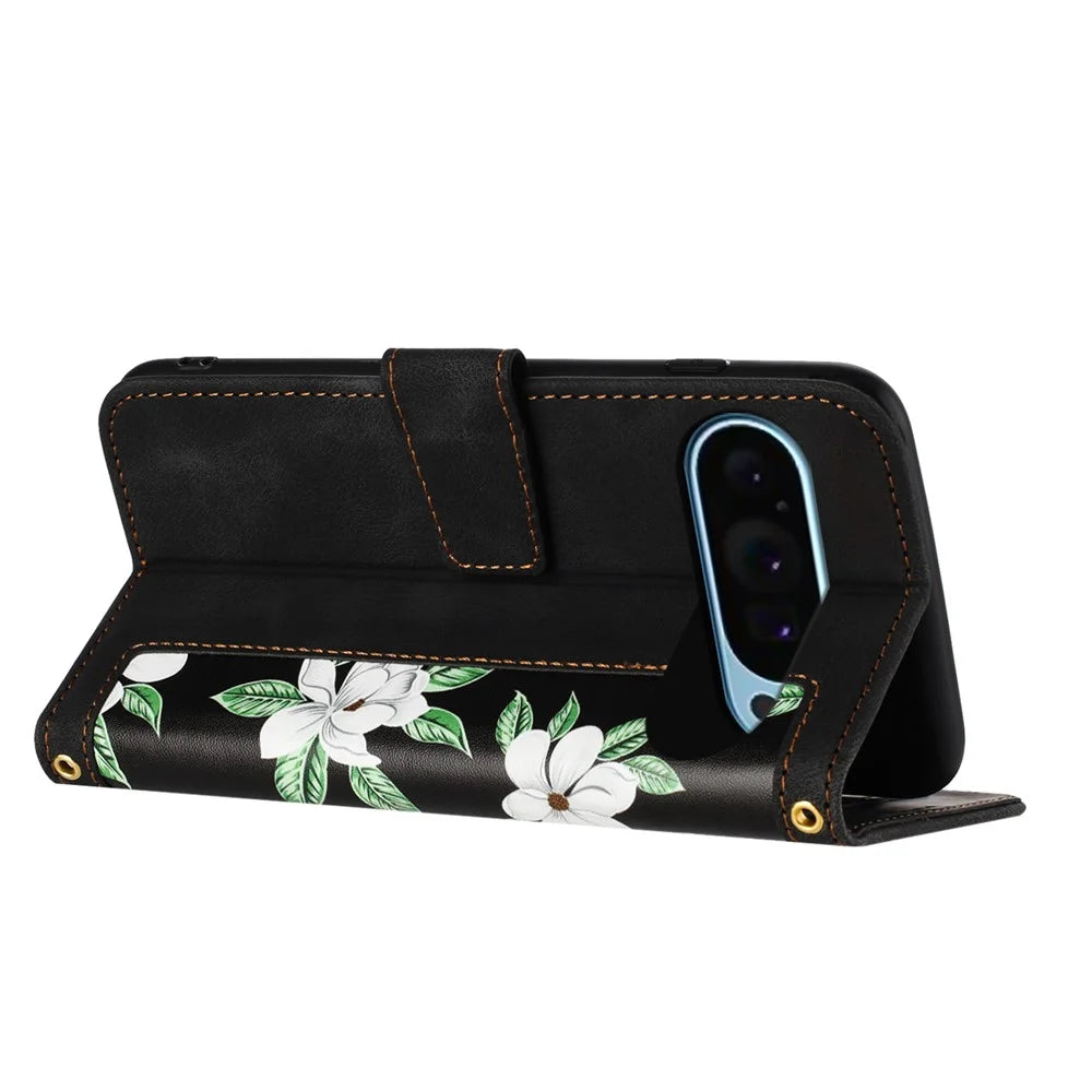 For Google Pixel 10  /  10 Pro Case PU Leather Floral Phone Cover with Card Slots - Black - 2