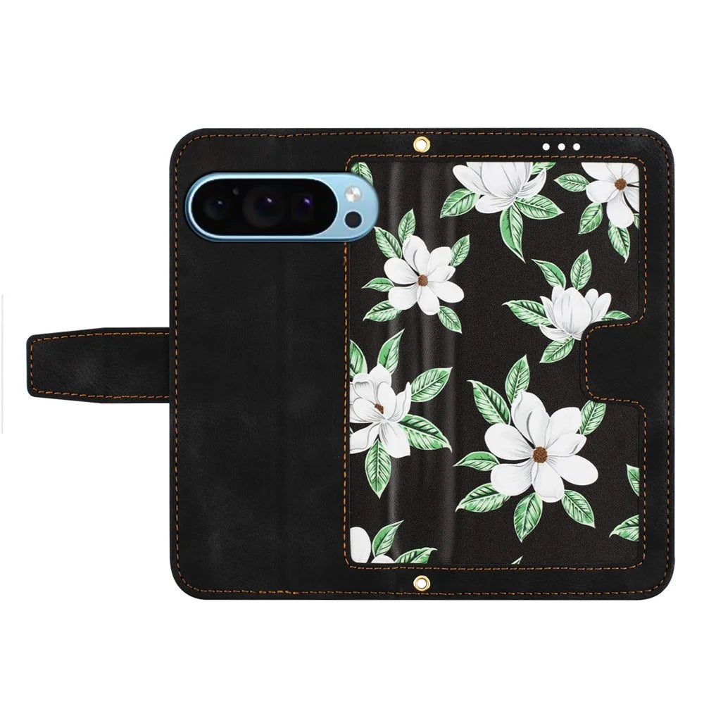 For Google Pixel 10  /  10 Pro Case PU Leather Floral Phone Cover with Card Slots - Black - 5