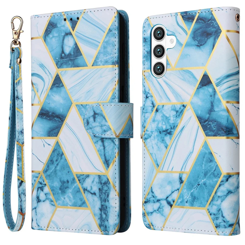 For Samsung Galaxy S26 Case Lacquered Marble Pattern Leather Phone Cover with Wrist Strap - Blue - 1