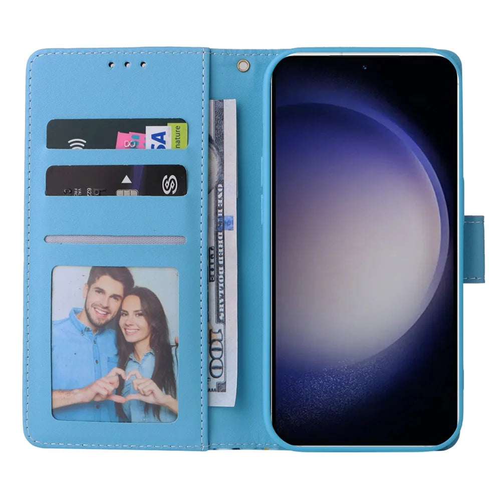 For Samsung Galaxy S26 Case Lacquered Marble Pattern Leather Phone Cover with Wrist Strap - Blue - 2