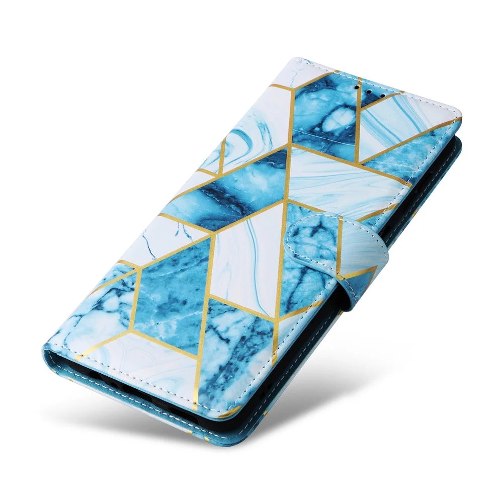 For Samsung Galaxy S26 Case Lacquered Marble Pattern Leather Phone Cover with Wrist Strap - Blue - 5