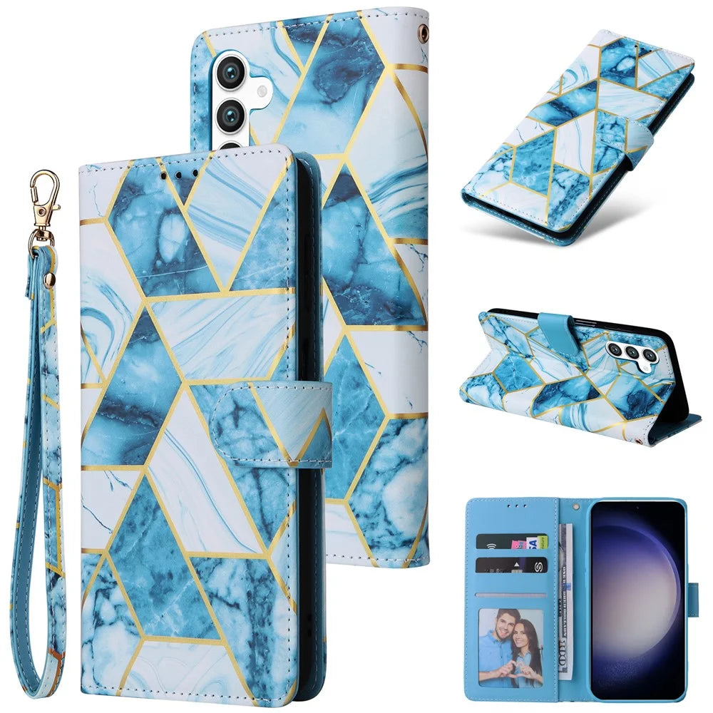 For Samsung Galaxy S26 Case Lacquered Marble Pattern Leather Phone Cover with Wrist Strap - Blue - 6