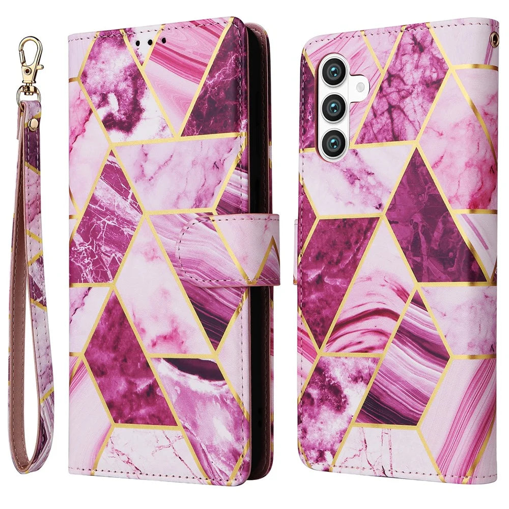 For Samsung Galaxy S26+ Case Lacquered Marble Pattern Leather Phone Cover with Wrist Strap - Purple - 1