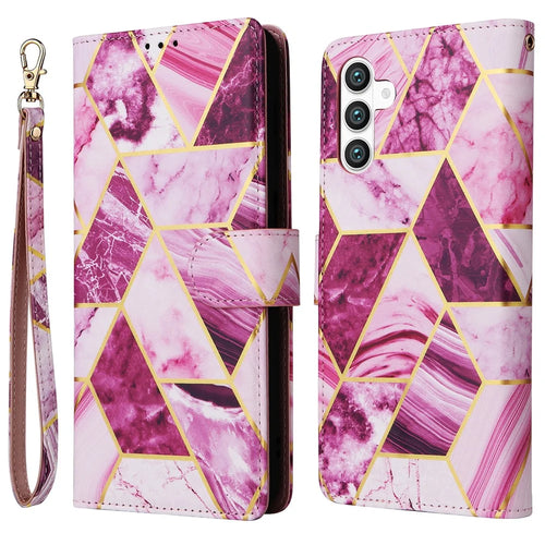 For Samsung Galaxy S26+ Case Lacquered Marble Pattern Leather Phone Cover with Wrist Strap - Purple - 1