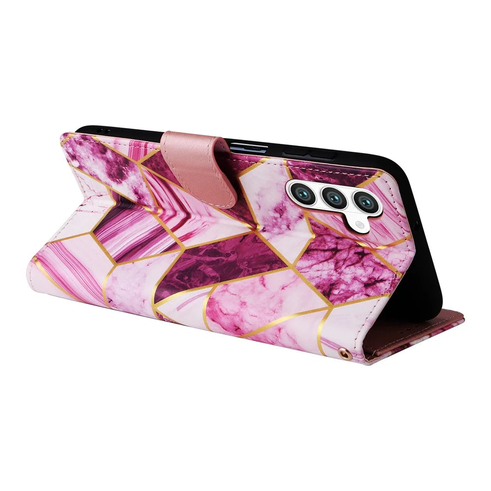For Samsung Galaxy S26+ Case Lacquered Marble Pattern Leather Phone Cover with Wrist Strap - Purple - 4