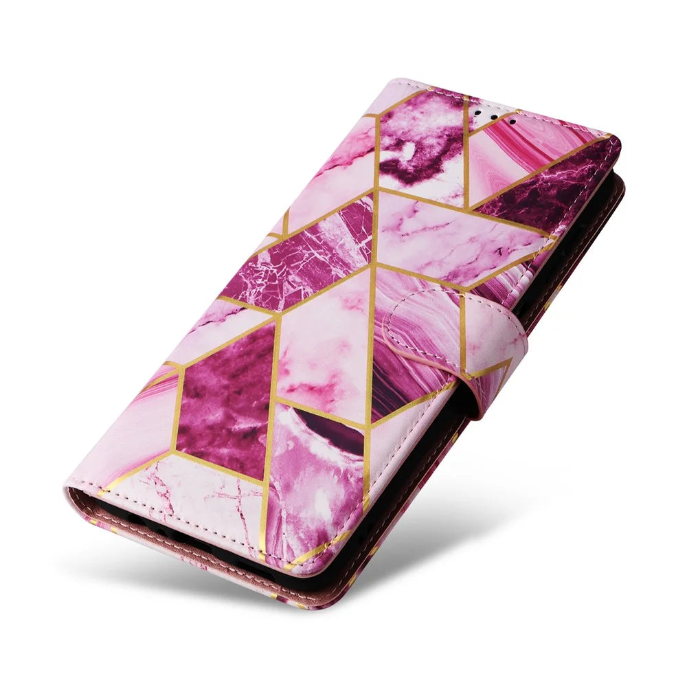 For Samsung Galaxy S26+ Case Lacquered Marble Pattern Leather Phone Cover with Wrist Strap - Purple - 5