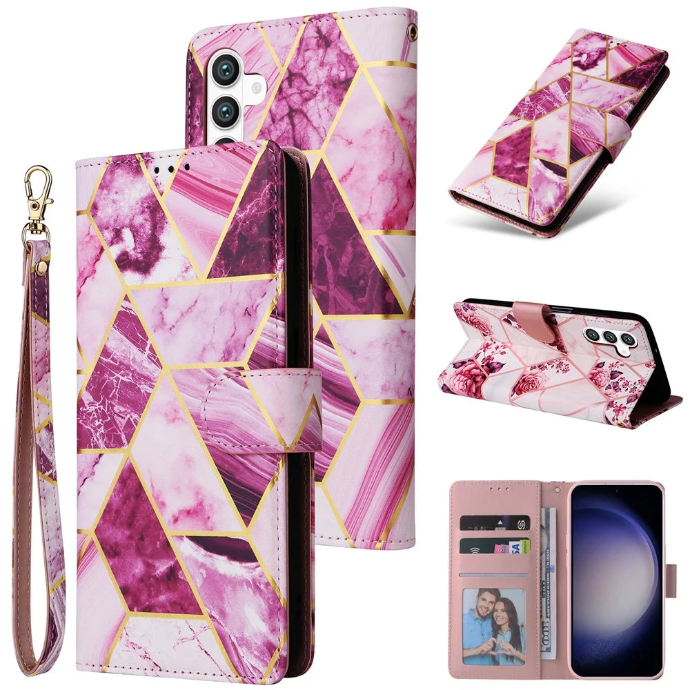 For Samsung Galaxy S26+ Case Lacquered Marble Pattern Leather Phone Cover with Wrist Strap - Purple - 6