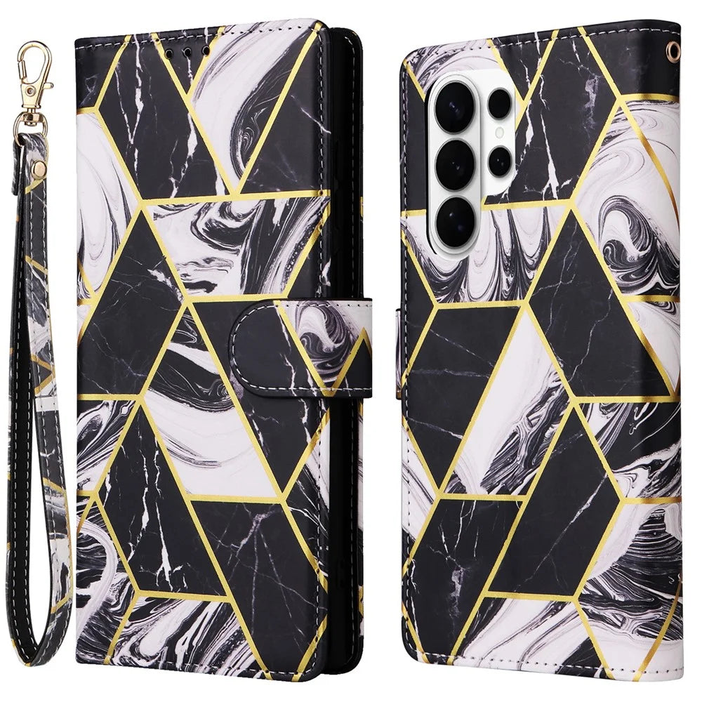 For Samsung Galaxy S26 Ultra Case Lacquered Marble Pattern Leather Phone Cover with Wrist Strap - Black - 1