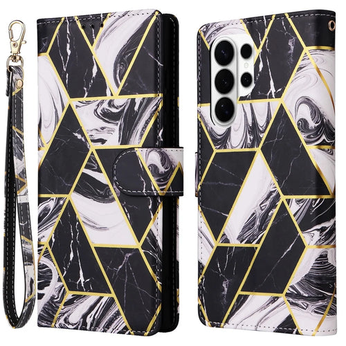 For Samsung Galaxy S26 Ultra Case Lacquered Marble Pattern Leather Phone Cover with Wrist Strap - Black - 1