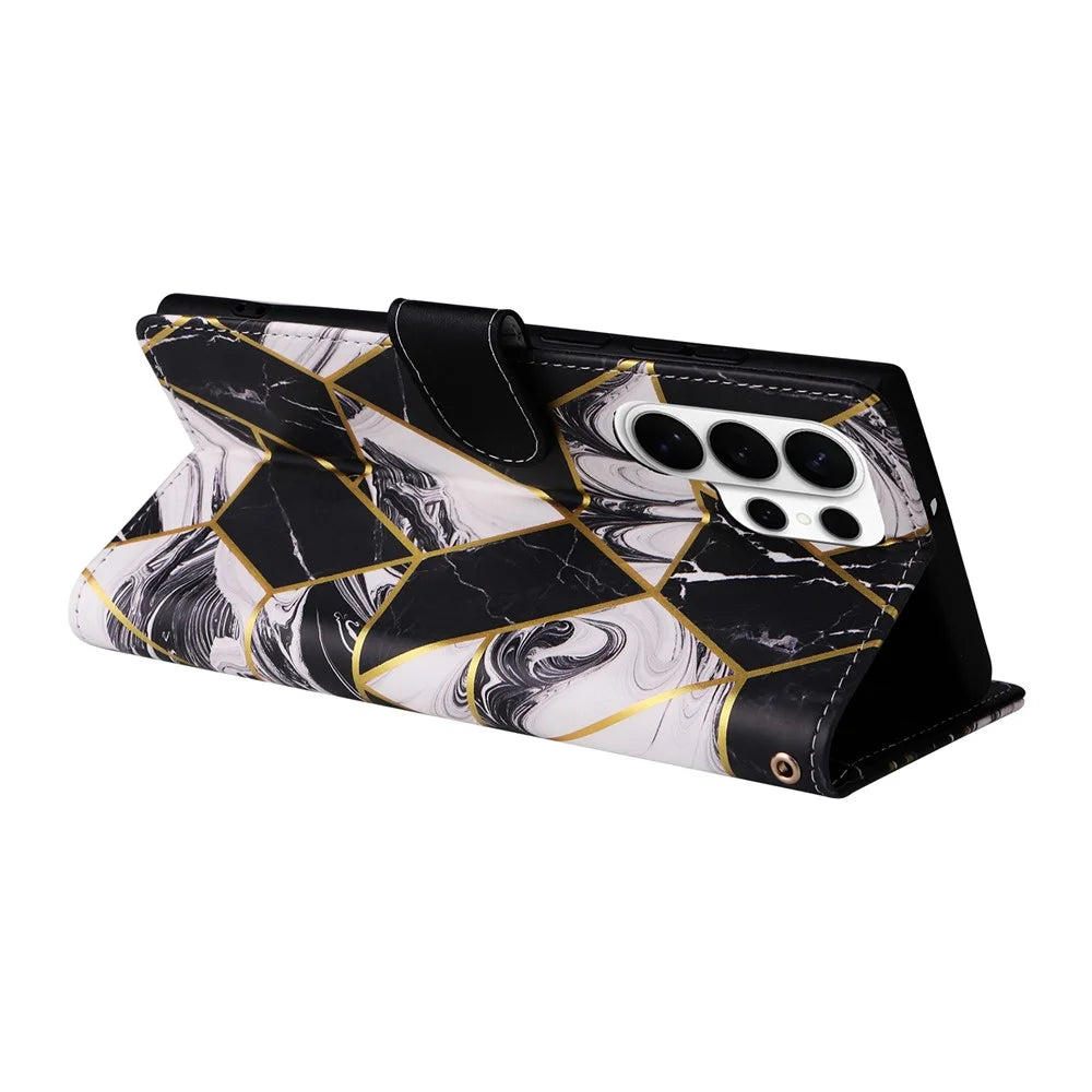 For Samsung Galaxy S26 Ultra Case Lacquered Marble Pattern Leather Phone Cover with Wrist Strap - Black - 4