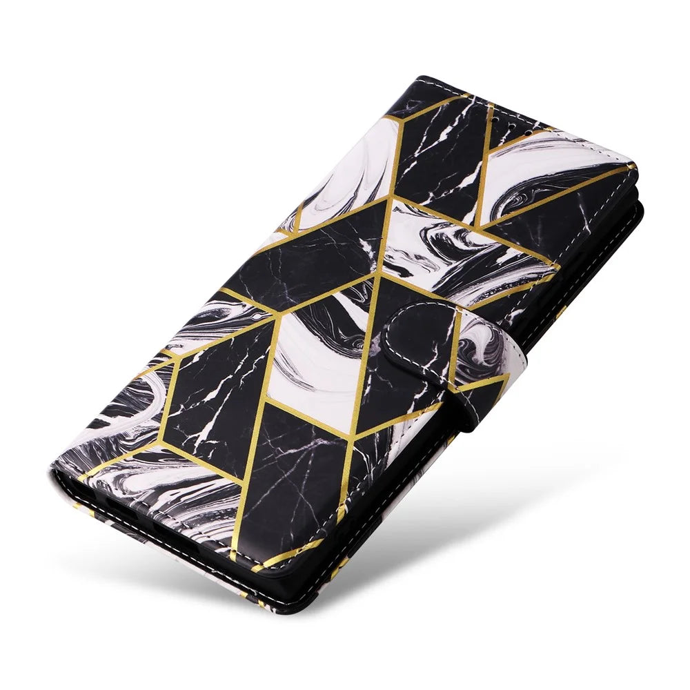 For Samsung Galaxy S26 Ultra Case Lacquered Marble Pattern Leather Phone Cover with Wrist Strap - Black - 5