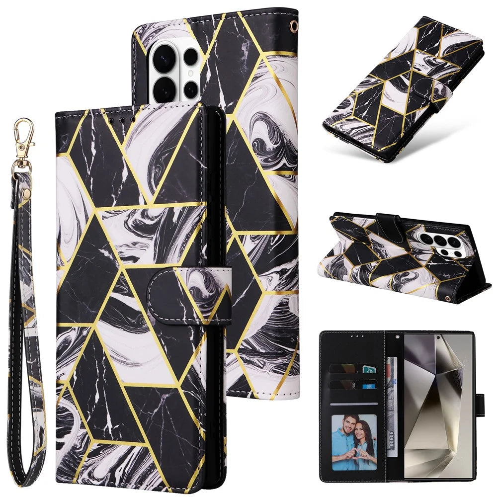 For Samsung Galaxy S26 Ultra Case Lacquered Marble Pattern Leather Phone Cover with Wrist Strap - Black - 6