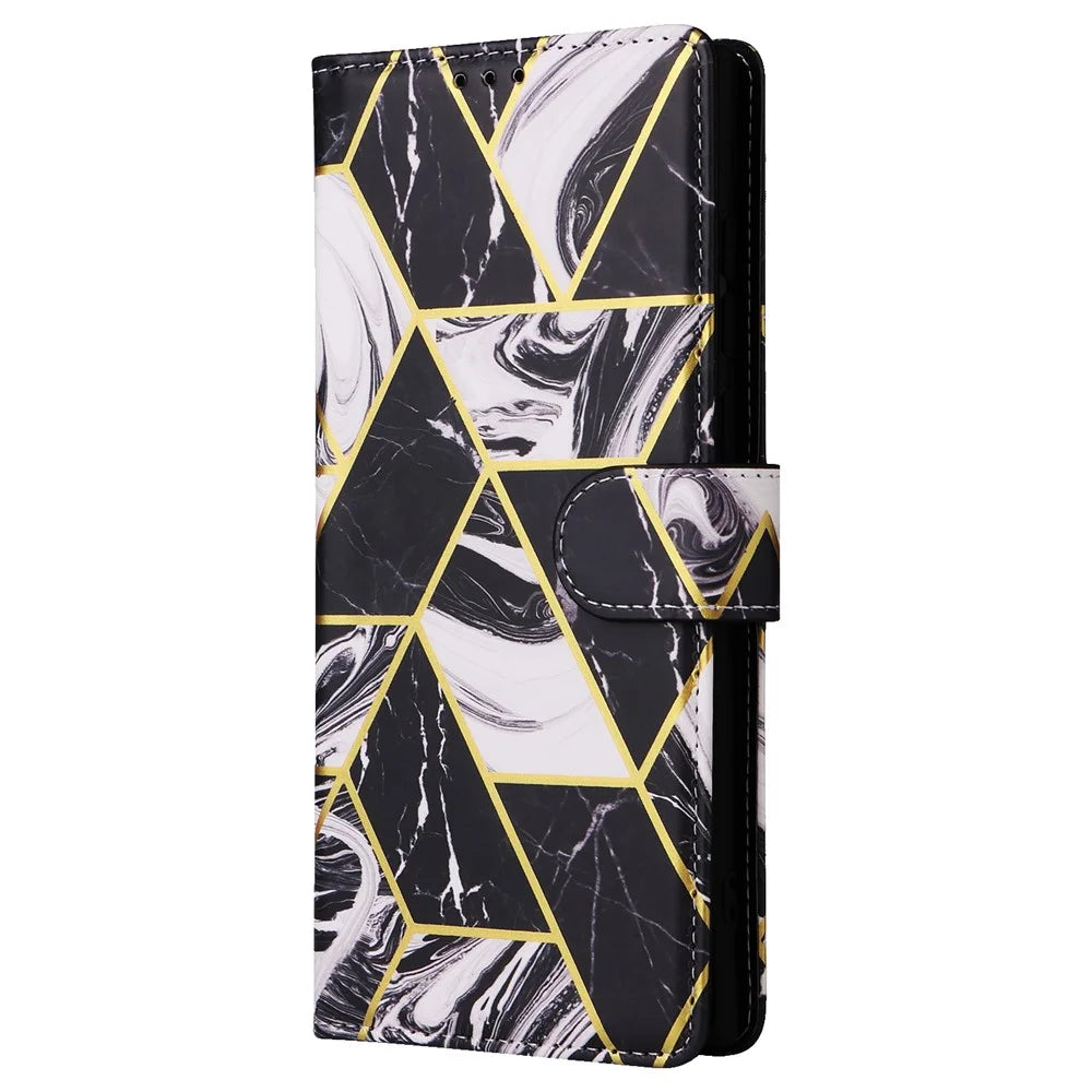 For Samsung Galaxy S26 Ultra Case Lacquered Marble Pattern Leather Phone Cover with Wrist Strap - Black - 7