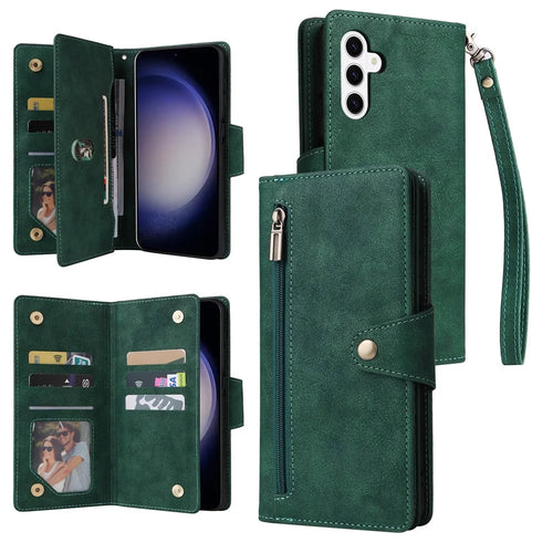 For Samsung Galaxy S26 Case Zipper Wallet Rivet Decor Leather Phone Cover with Wrist Strap - Green - 1