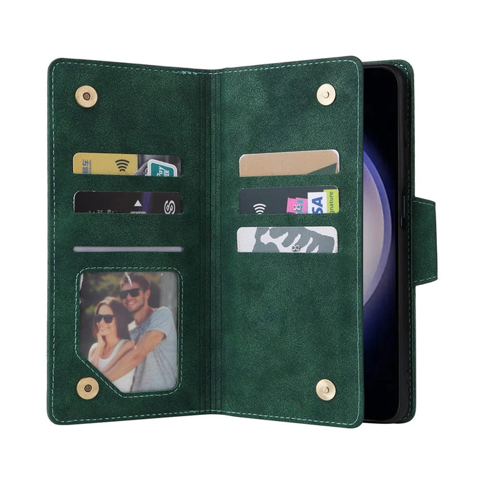 For Samsung Galaxy S26 Case Zipper Wallet Rivet Decor Leather Phone Cover with Wrist Strap - Green - 2