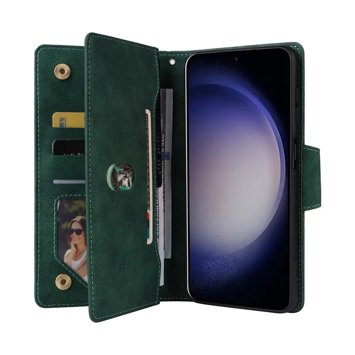 For Samsung Galaxy S26 Case Zipper Wallet Rivet Decor Leather Phone Cover with Wrist Strap - Green - 3