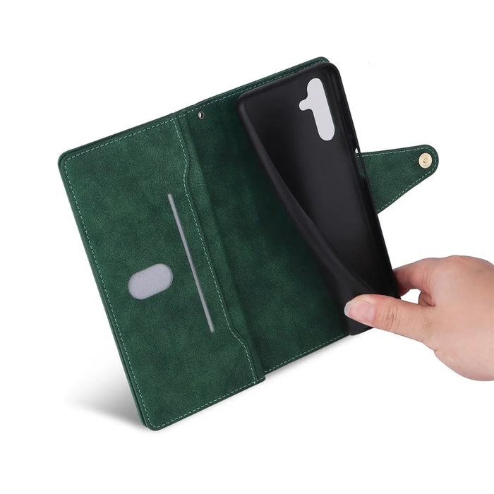 For Samsung Galaxy S26 Case Zipper Wallet Rivet Decor Leather Phone Cover with Wrist Strap - Green - 7