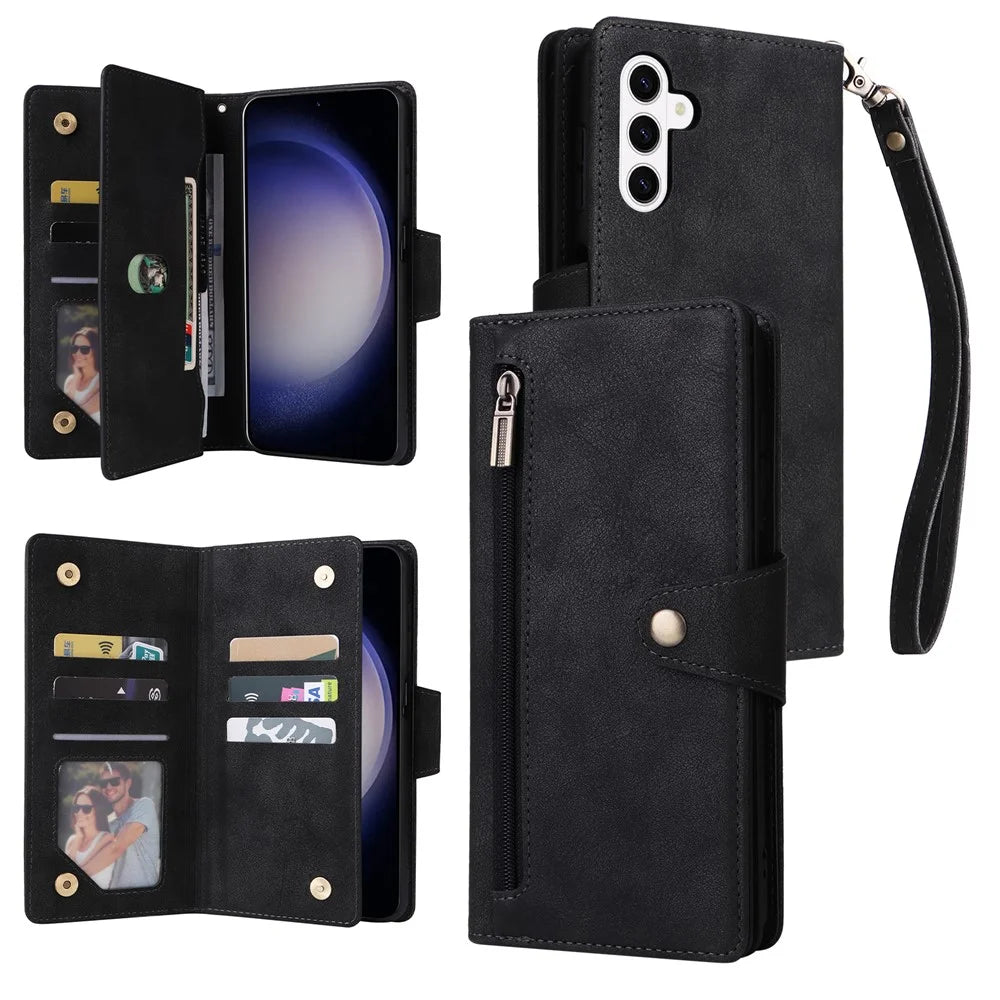For Samsung Galaxy S26+ Case Zipper Wallet Rivet Decor Leather Phone Cover with Wrist Strap - Black - 1