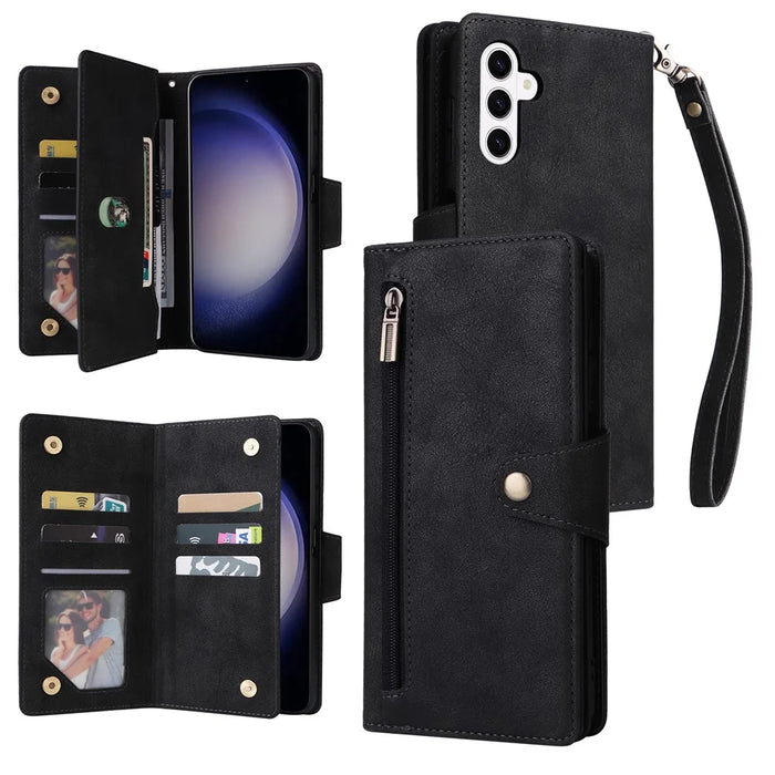 For Samsung Galaxy S26+ Case Zipper Wallet Rivet Decor Leather Phone Cover with Wrist Strap - Black - 1