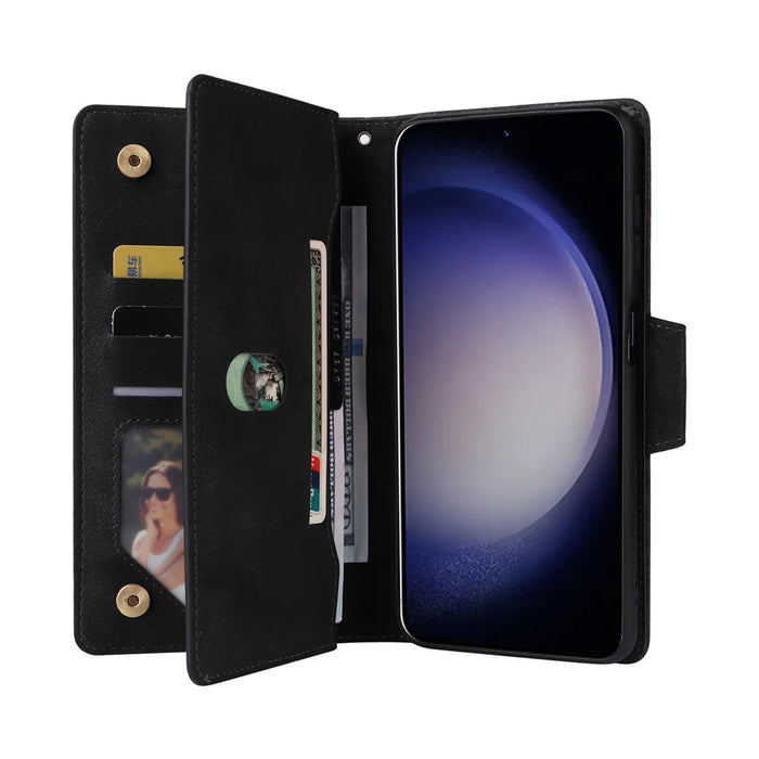 For Samsung Galaxy S26+ Case Zipper Wallet Rivet Decor Leather Phone Cover with Wrist Strap - Black - 3