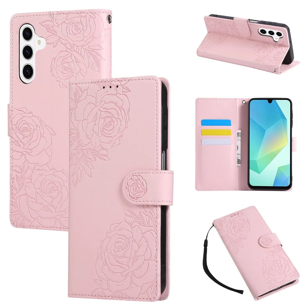 For Samsung Galaxy S26 Leather Case Rose Flower Wallet Phone Cover with 3 Card Slots  /  Wrist Strap - Rose Gold - 1