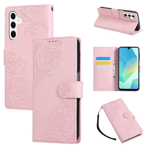 For Samsung Galaxy S26 Leather Case Rose Flower Wallet Phone Cover with 3 Card Slots  /  Wrist Strap - Rose Gold - 1