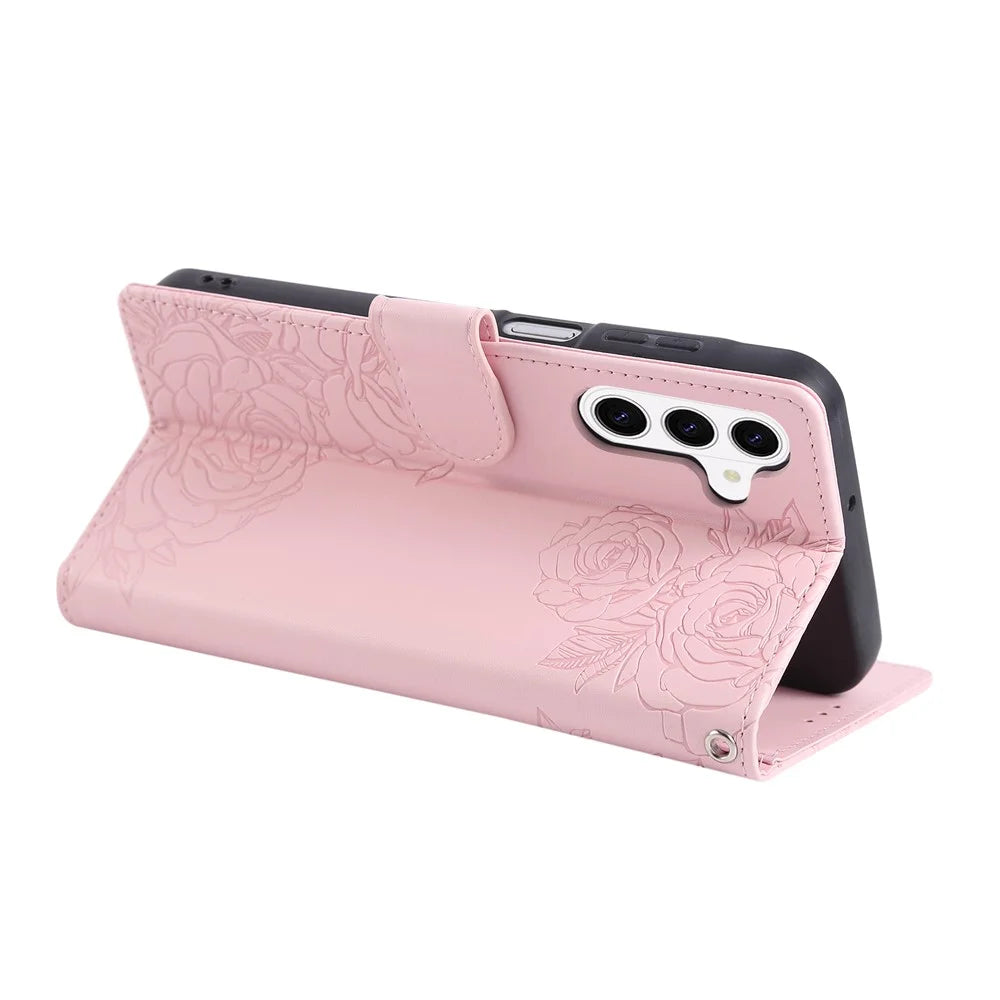 For Samsung Galaxy S26 Leather Case Rose Flower Wallet Phone Cover with 3 Card Slots  /  Wrist Strap - Rose Gold - 4