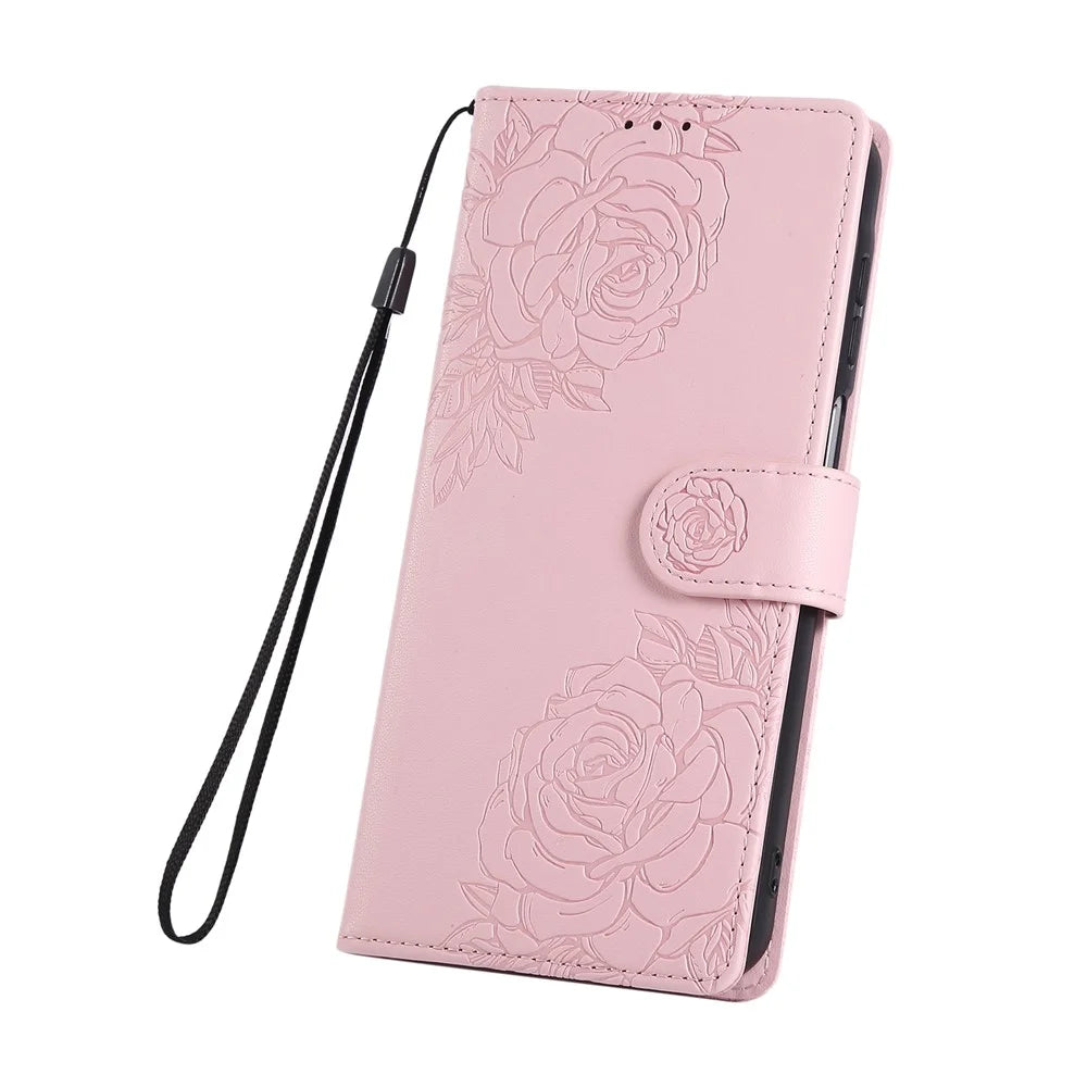 For Samsung Galaxy S26 Leather Case Rose Flower Wallet Phone Cover with 3 Card Slots  /  Wrist Strap - Rose Gold - 5