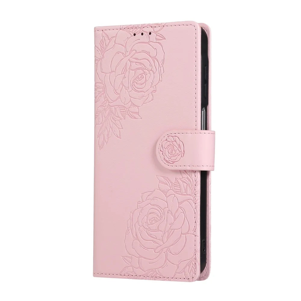 For Samsung Galaxy S26 Leather Case Rose Flower Wallet Phone Cover with 3 Card Slots  /  Wrist Strap - Rose Gold - 6