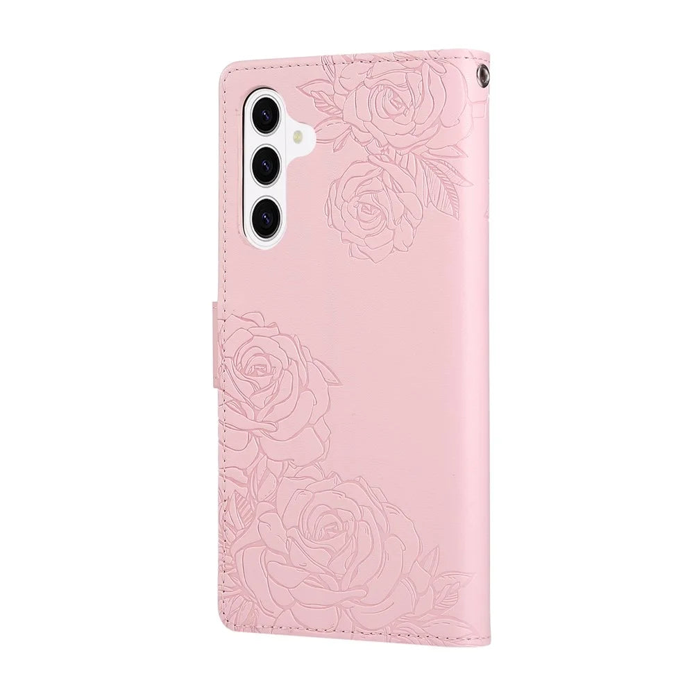 For Samsung Galaxy S26 Leather Case Rose Flower Wallet Phone Cover with 3 Card Slots  /  Wrist Strap - Rose Gold - 7