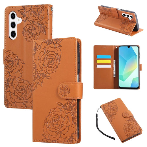 For Samsung Galaxy S26+ Leather Case Rose Flower Wallet Phone Cover with 3 Card Slots  /  Wrist Strap - Brown - 1