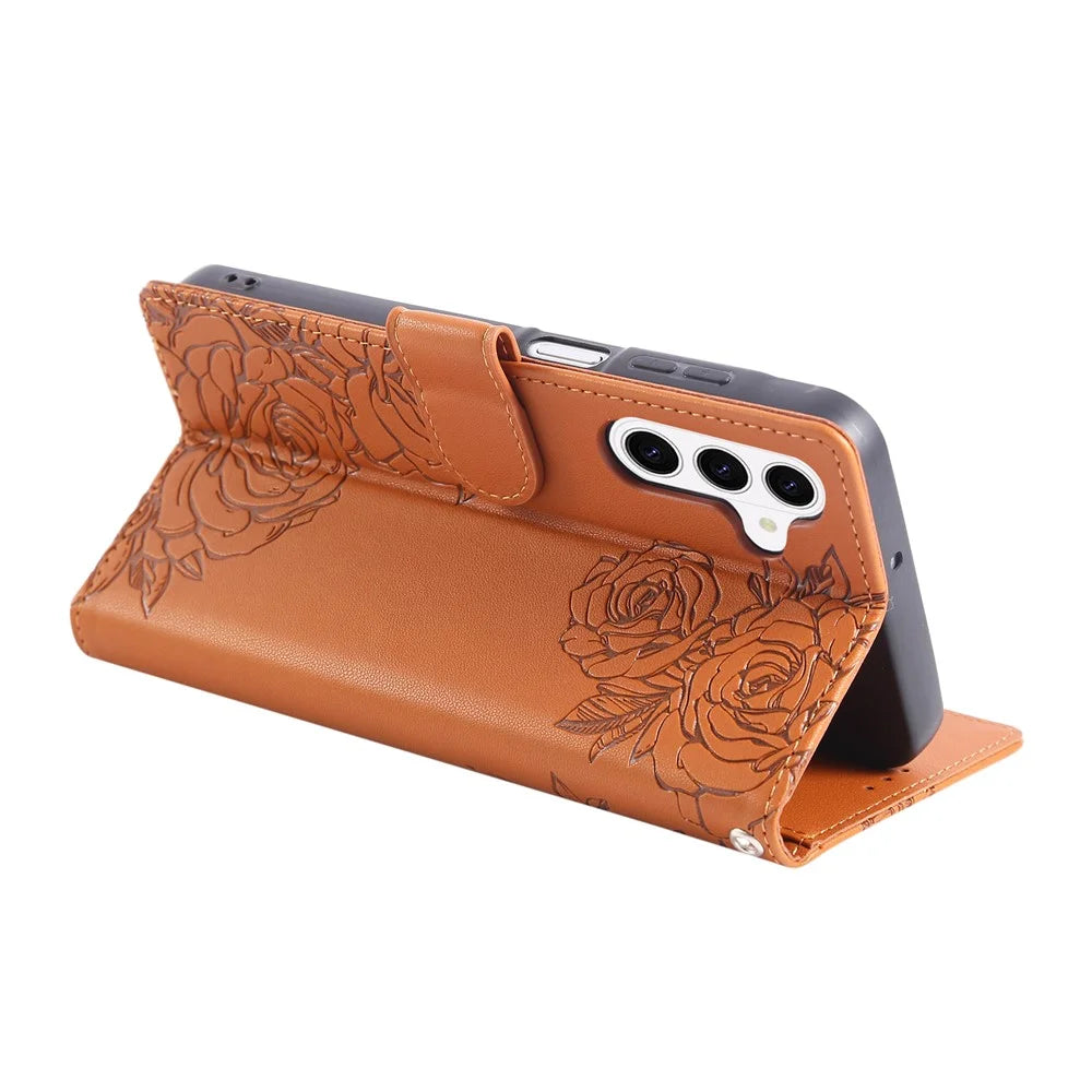 For Samsung Galaxy S26+ Leather Case Rose Flower Wallet Phone Cover with 3 Card Slots  /  Wrist Strap - Brown - 4